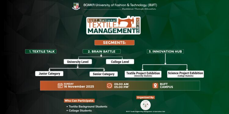 বিইউএফটি তে শুরু হতে যাচ্ছে জাতীয় পর্যায়ের ‘টেক্সটাইল ম্যানেজমেন্ট ফেয়ার ২০২৫!’